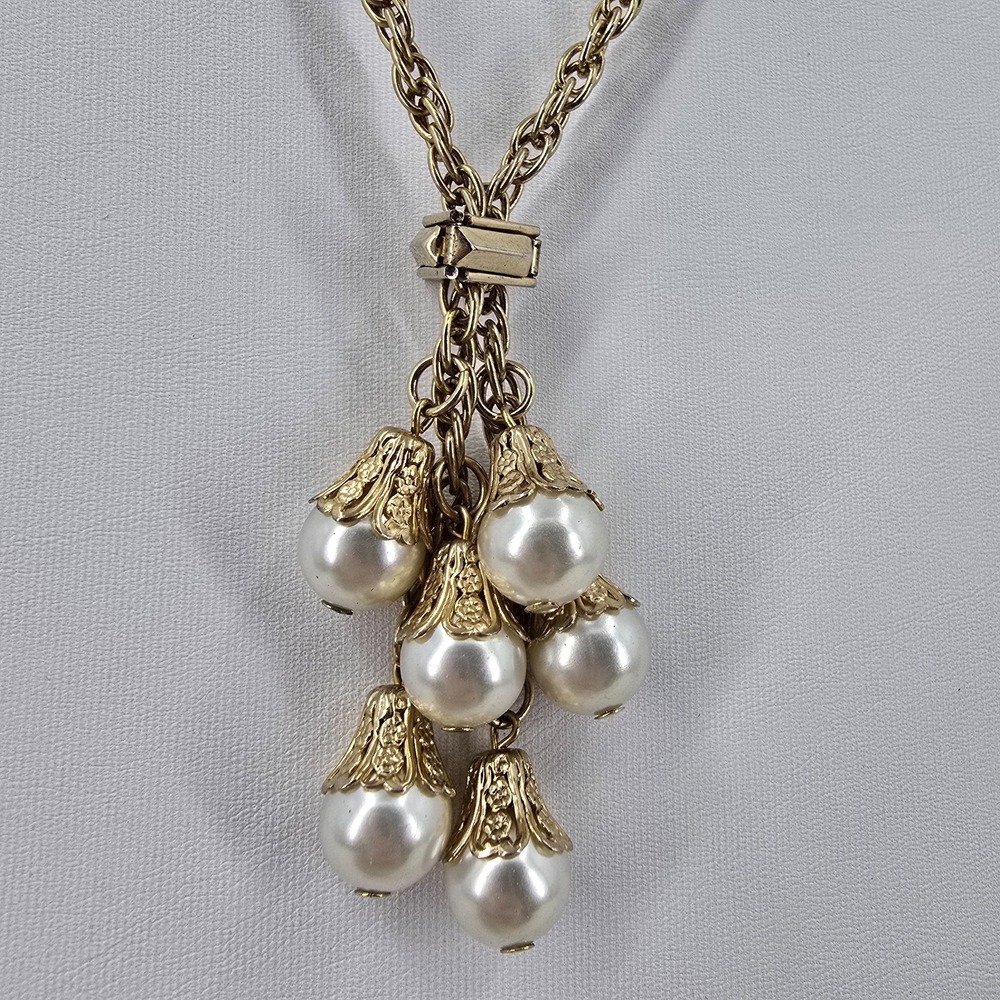 Vintage Estate Lariat Necklace Gold Tone Faux Pearl Tassel Bolo 26in